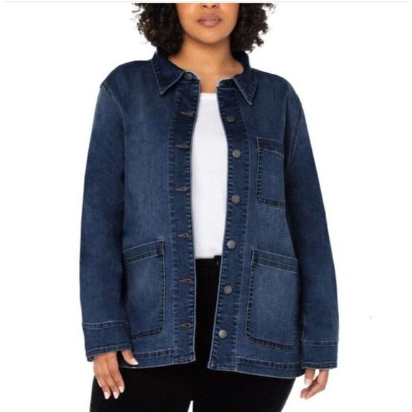 Well Worn Women's Denim Chore Jacket Comfort Stretch Heavyweight Dark Blue NWT - Picture 1 of 9